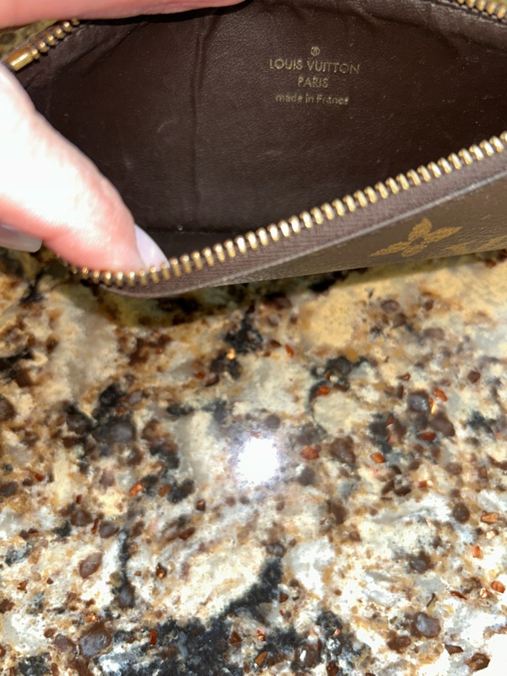 Louis Vuitton Monogram Canvas Zip Pouch in Brown and Gold with pink zipper pull - Picture 7 of 9